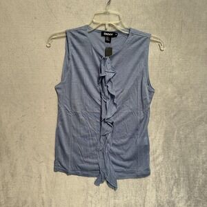 DKNY Tank Top Womens Medium Blue Ruffle Front V Neck Lyocell Jersey Sleeveless